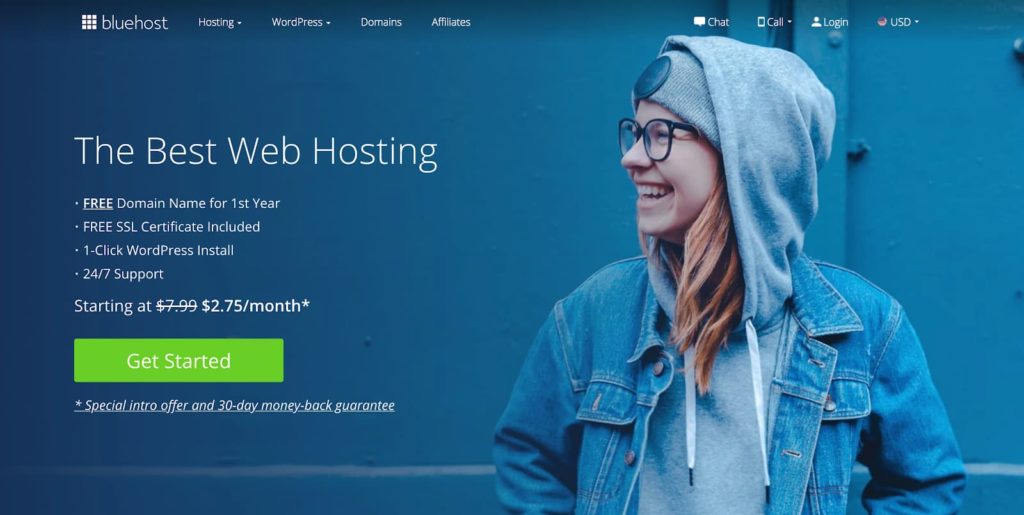 WordPress Hosting Plans by Bluehost for New Bloggers (Screenshot of Homepage)