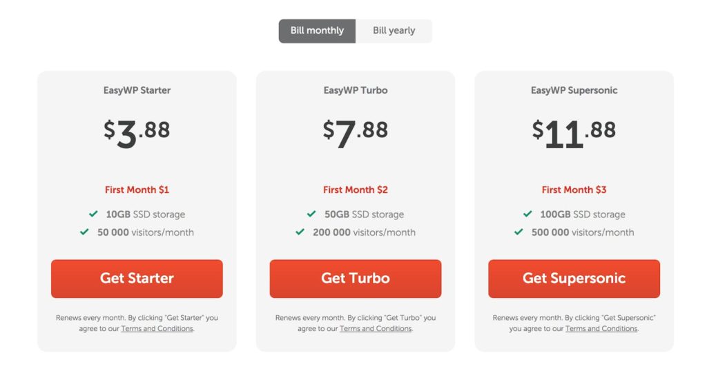 EasyWP Pricing Plans and Feature Explanation (Screenshot)