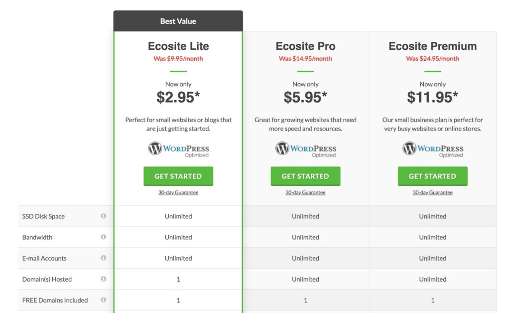 GreenGeeks Hosting Pricing and Plan Features (Screenshot)