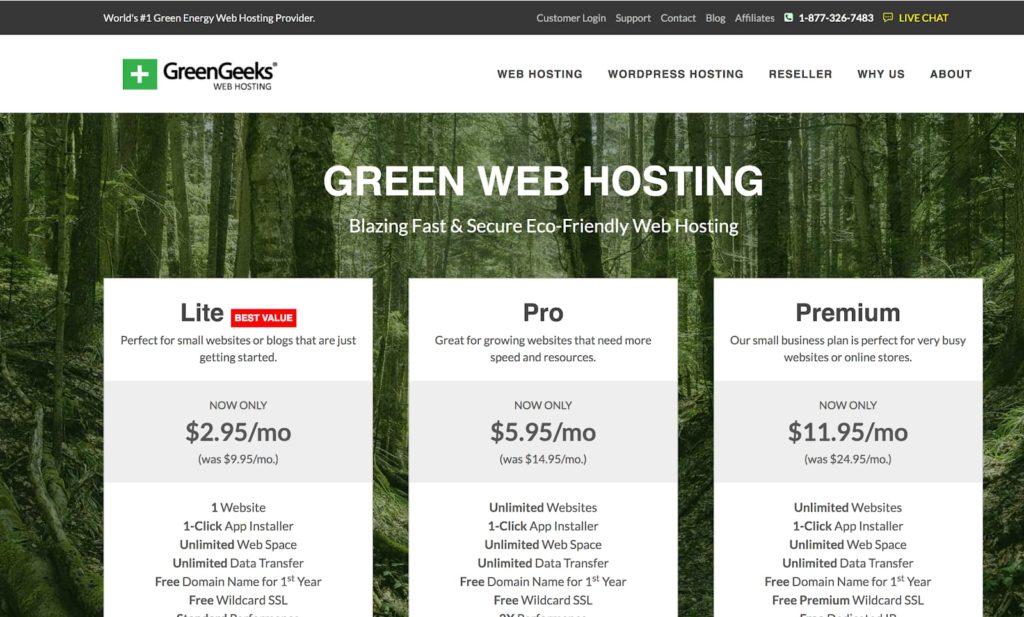 GreenGeeks WordPress Hosting Plans for Bloggers (Homepage Screenshot)