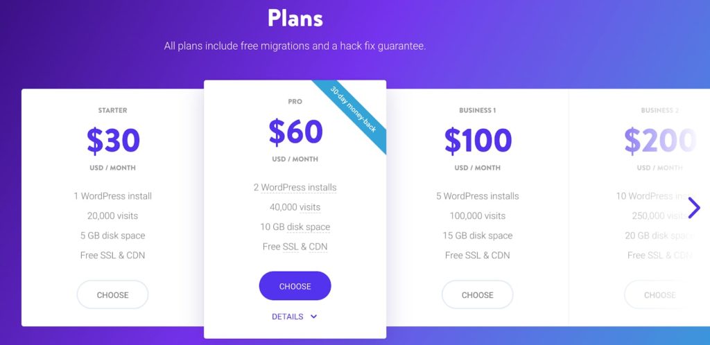 Features and Pricing Table Breakdown for Kinsta (Screenshot)