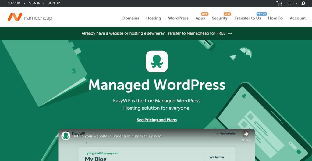 EasyWP WordPress Hosting Plans (by Namecheap) for Bloggers - Homepage Screenshot