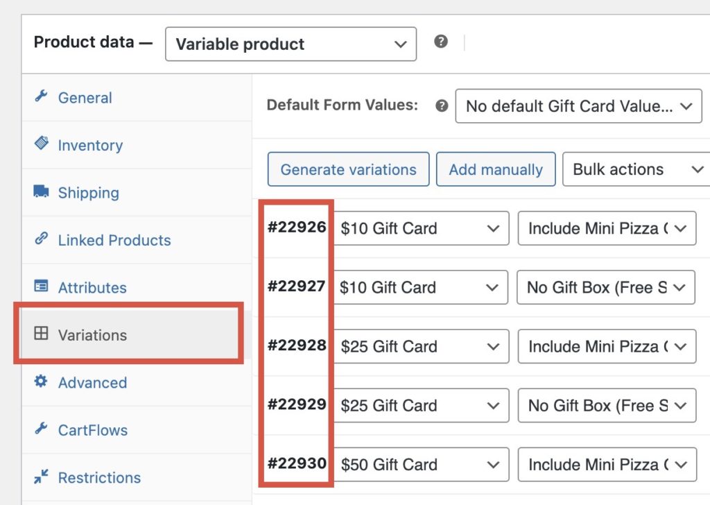 variation IDs in WooCommerce