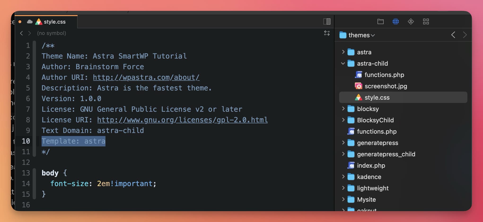 Child theme style.css file showing the required header comment with Theme Name and Template fields