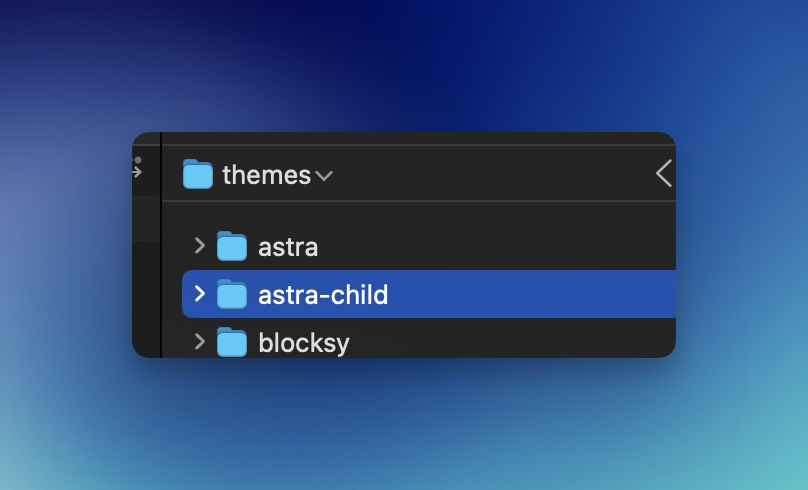 WordPress child theme folder inside wp-content/themes viewed through FTP