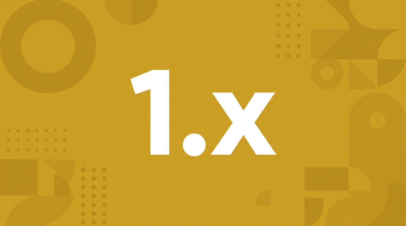 WordPress 1.x: large white version mark on a mustard yellow background with abstract geometric pattern