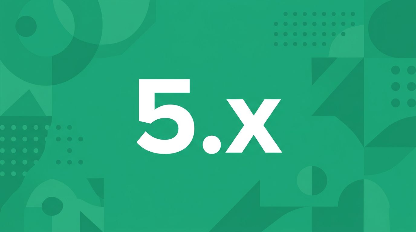 WordPress 5.x: large white version mark on an emerald green background with abstract geometric pattern