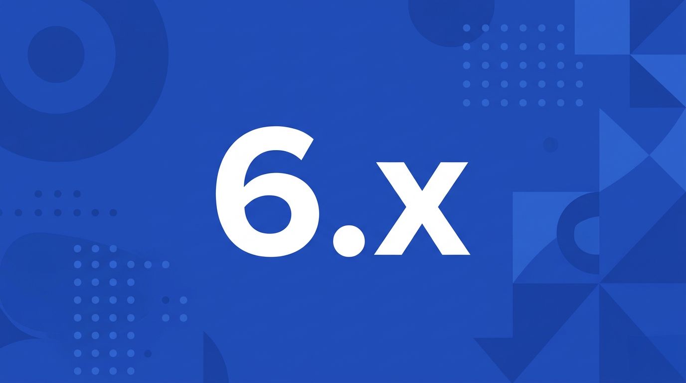 WordPress 6.x: large white version mark on a royal blue background with abstract geometric pattern