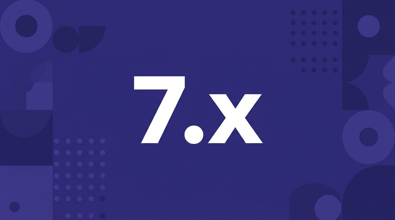 WordPress 7.x: large white version mark on a deep indigo background with abstract geometric pattern