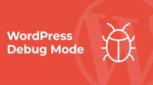 WordPress debug mode — coral header graphic with a white line-art bug icon over the WordPress logo watermark, representing the WP_DEBUG and debug.log debugging system.