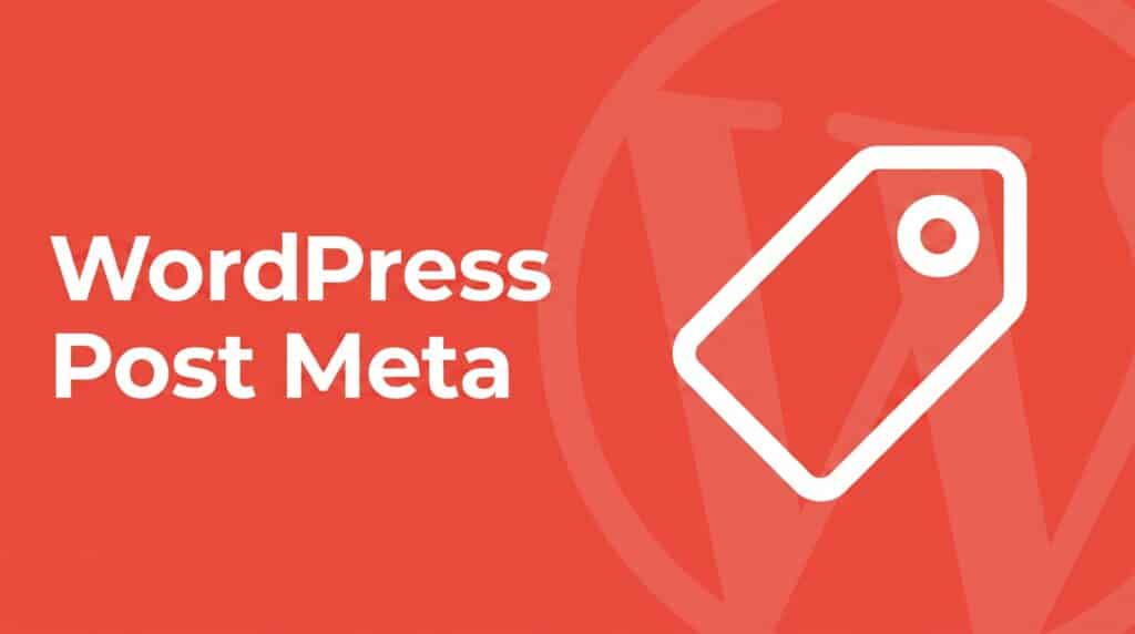 WordPress post meta — coral header graphic with a white line-art price tag icon over the WordPress logo watermark, representing custom field metadata retrieval.