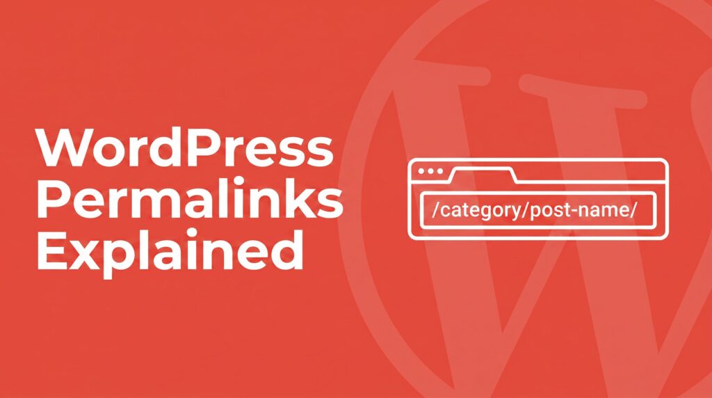 Coral red SmartWP brand graphic with bold white headline reading WordPress Permalinks Explained, with a browser address bar icon showing /category/post-name/ URL path