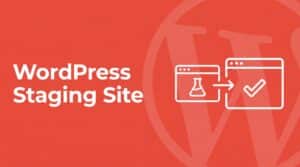 Coral red SmartWP brand graphic with bold white headline reading WordPress Staging Site, with a line-art icon of two browser windows (one with a flask staging indicator, one with a checkmark for production) connected by an arrow