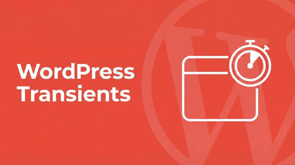 WordPress Transients API icon: stopwatch and data box on coral background
