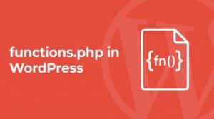 WordPress functions.php illustration showing a PHP code file with curly braces and function notation