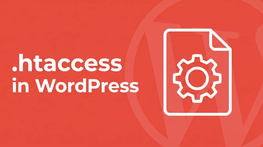 WordPress htaccess file illustration showing a configuration file with a gear icon