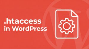 WordPress htaccess file illustration showing a configuration file with a gear icon