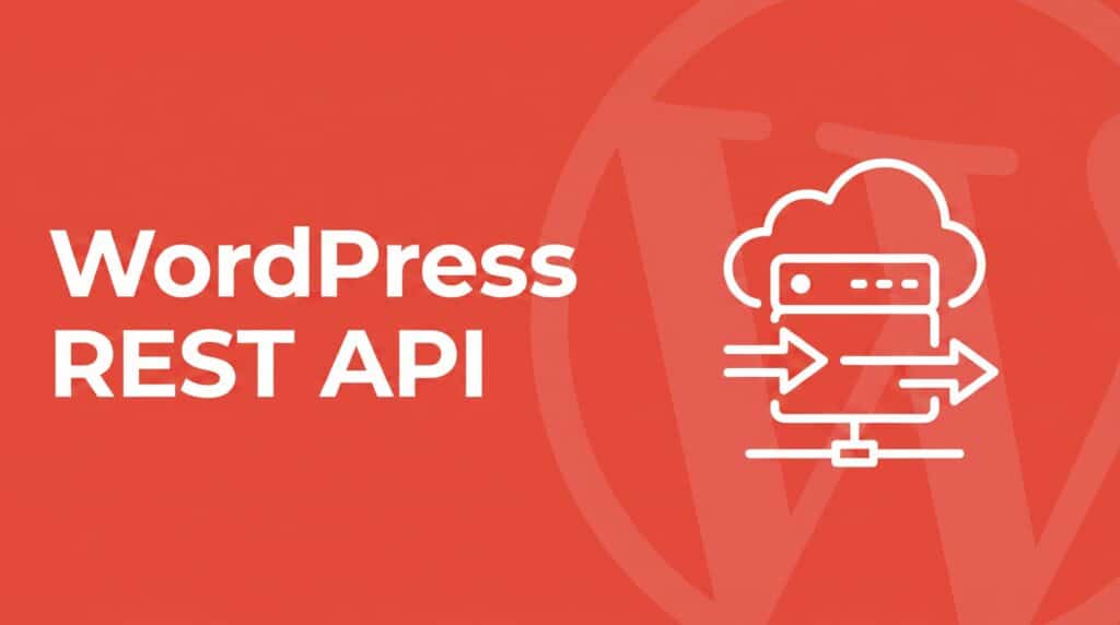 WordPress REST API illustration showing a server with arrows indicating data flowing in and out, representing API endpoints