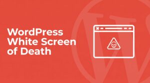 WordPress White Screen of Death illustration showing an empty browser window with a warning skull glyph