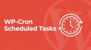 WP-Cron WordPress scheduled tasks illustration showing a clock with rotating arrows representing recurring events