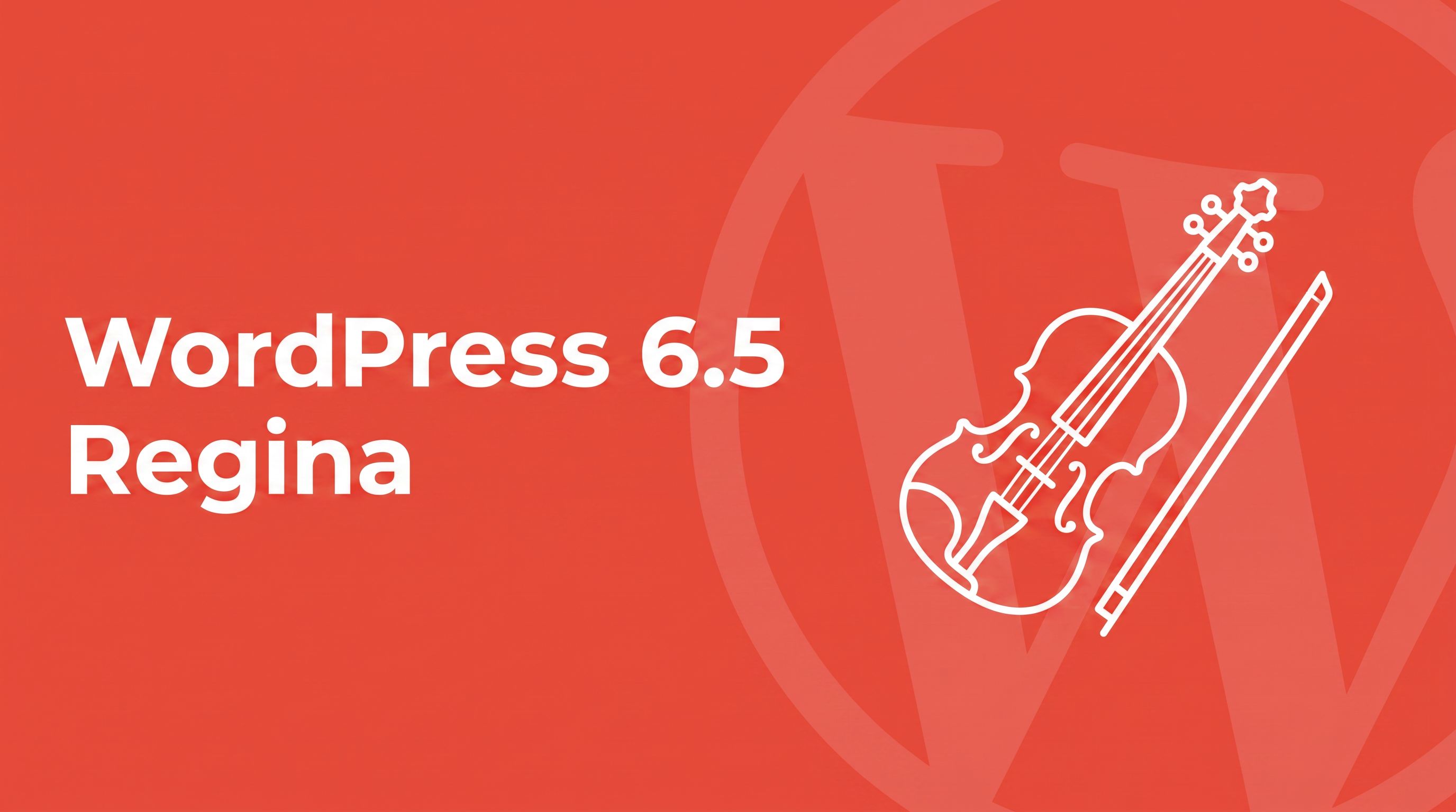 Coral red SmartWP brand graphic with bold white headline reading WordPress 6.5 Regina, with a white line-art violin icon honoring the codename
