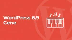 Coral red SmartWP brand graphic with bold white headline reading WordPress 6.9 Gene, with a white line-art piano keyboard icon honoring the codename