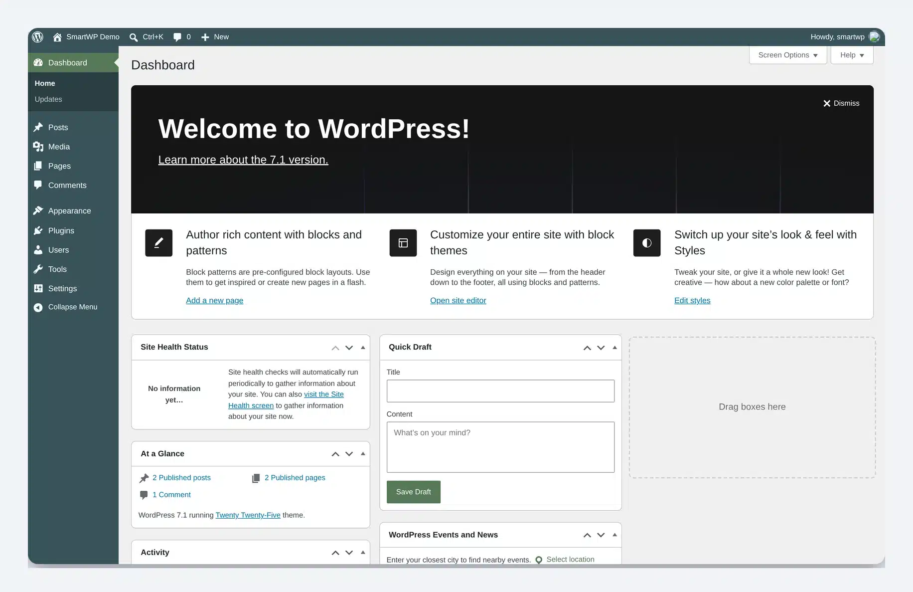 The WordPress 7.1 admin dashboard on a clean install