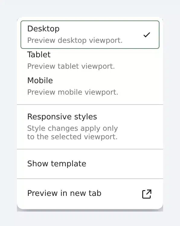 WordPress 7.1 viewport menu showing Desktop, Tablet, Mobile and a Responsive styles option