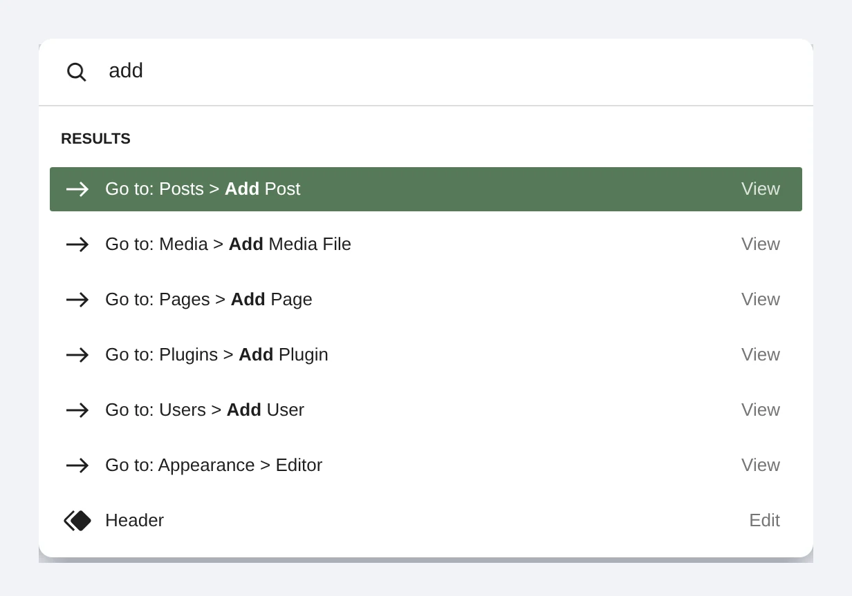 The WordPress command palette showing grouped results