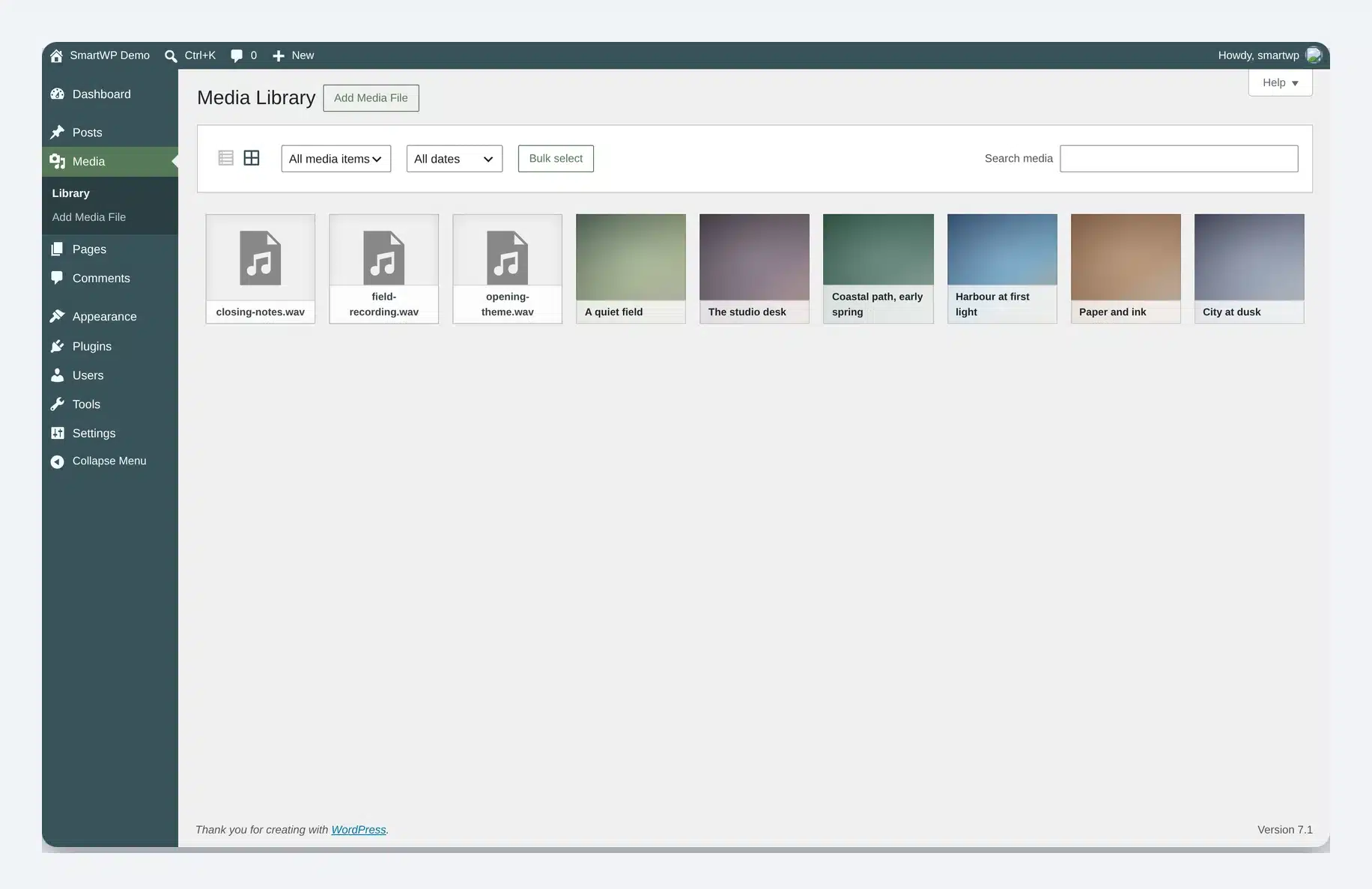 The WordPress 7.1 media library in grid mode
