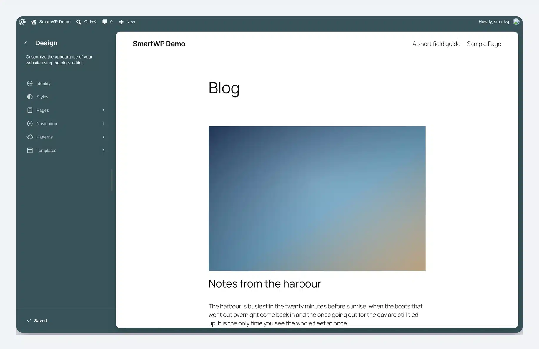 The WordPress 7.1 site editor rendered in a non-default admin colour scheme, showing the Identity section