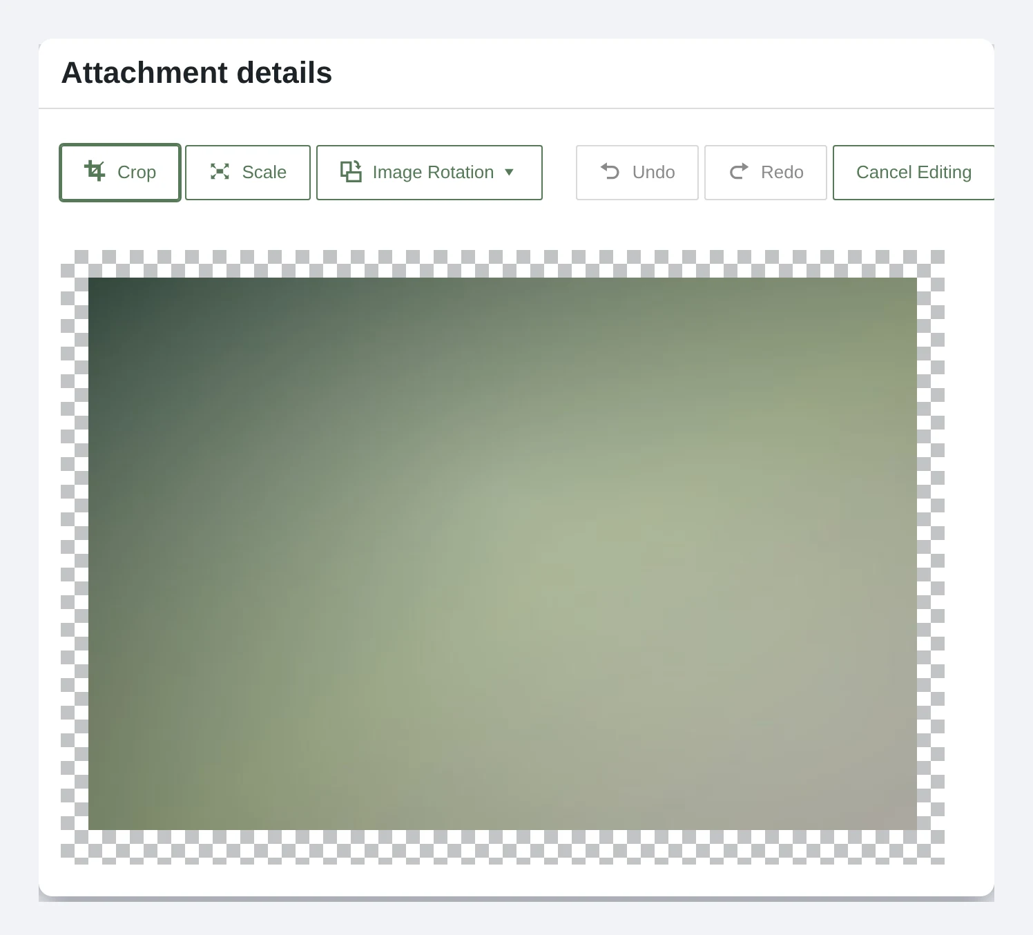 The WordPress 7.1 media editor modal with crop, scale and image rotation controls