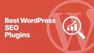 Best WordPress SEO Plugins headline on a coral background with a magnifying glass over a rising bar chart