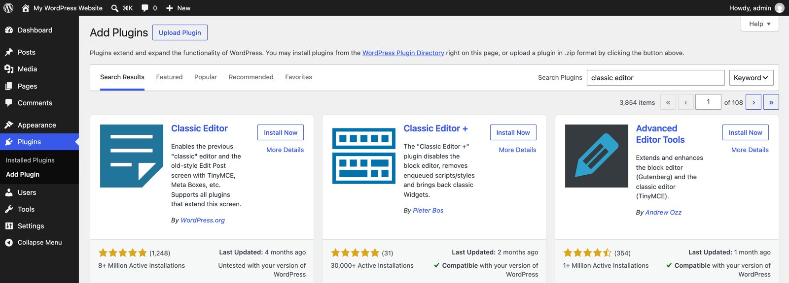 The Add Plugins screen in WordPress 7.1 with a search for classic editor and the Install Now button