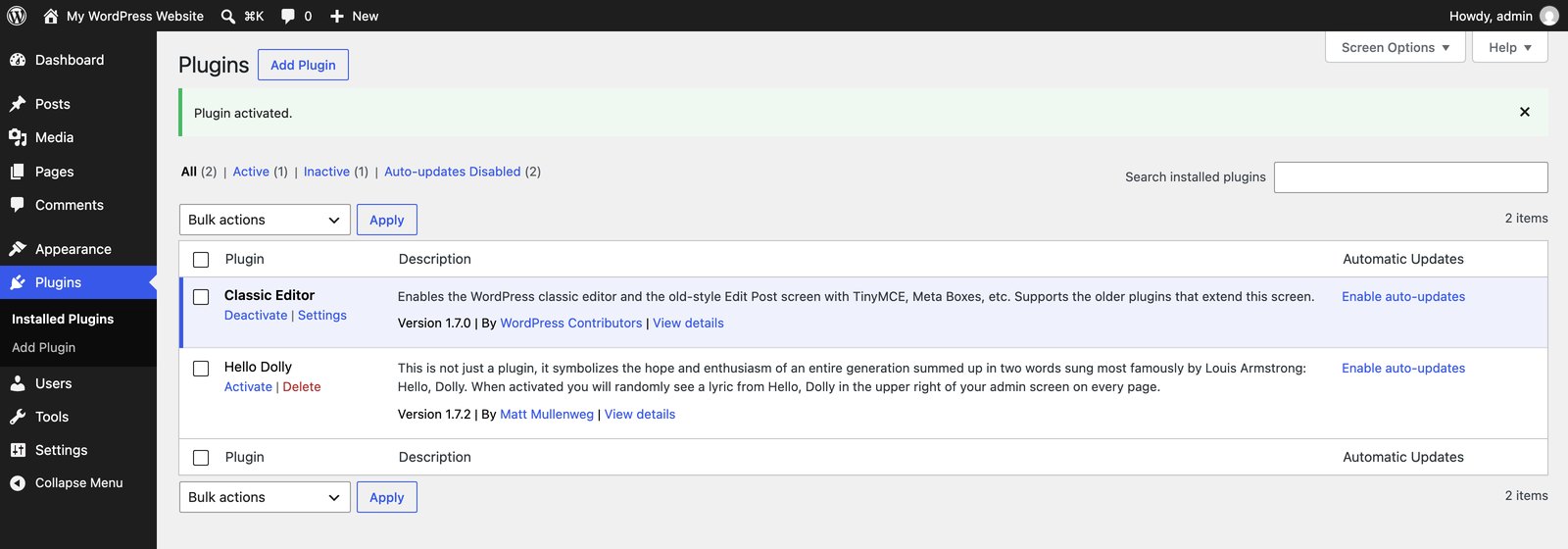 The Installed Plugins screen showing the Plugin activated notice, Deactivate and Settings links, and the Enable auto-updates column