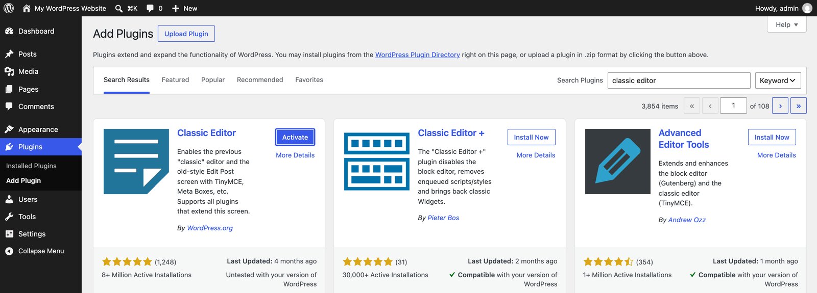 The Classic Editor plugin card after installing, with the Install Now button changed to Activate