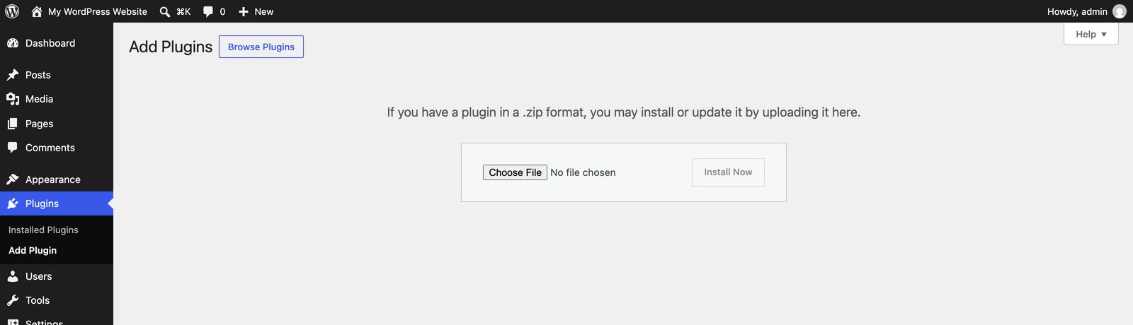 The Upload Plugin panel in WordPress with the Choose File and Install Now buttons for a plugin zip file