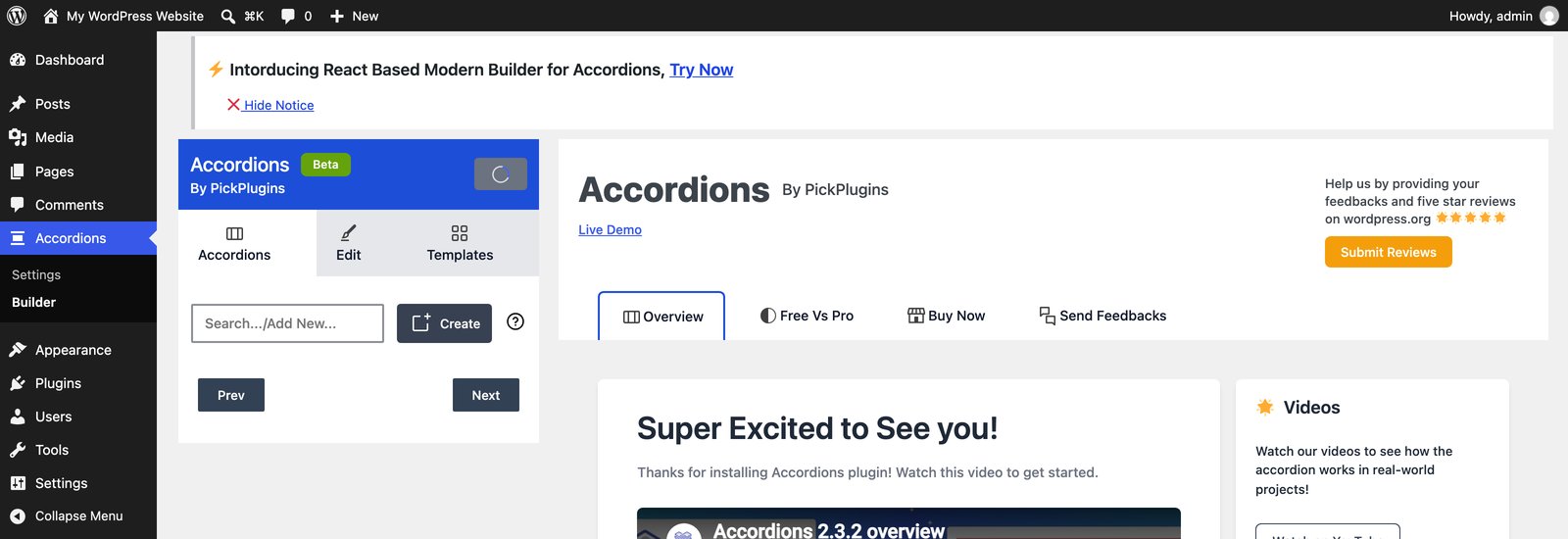 The Accordions by PickPlugins builder screen in the WordPress admin