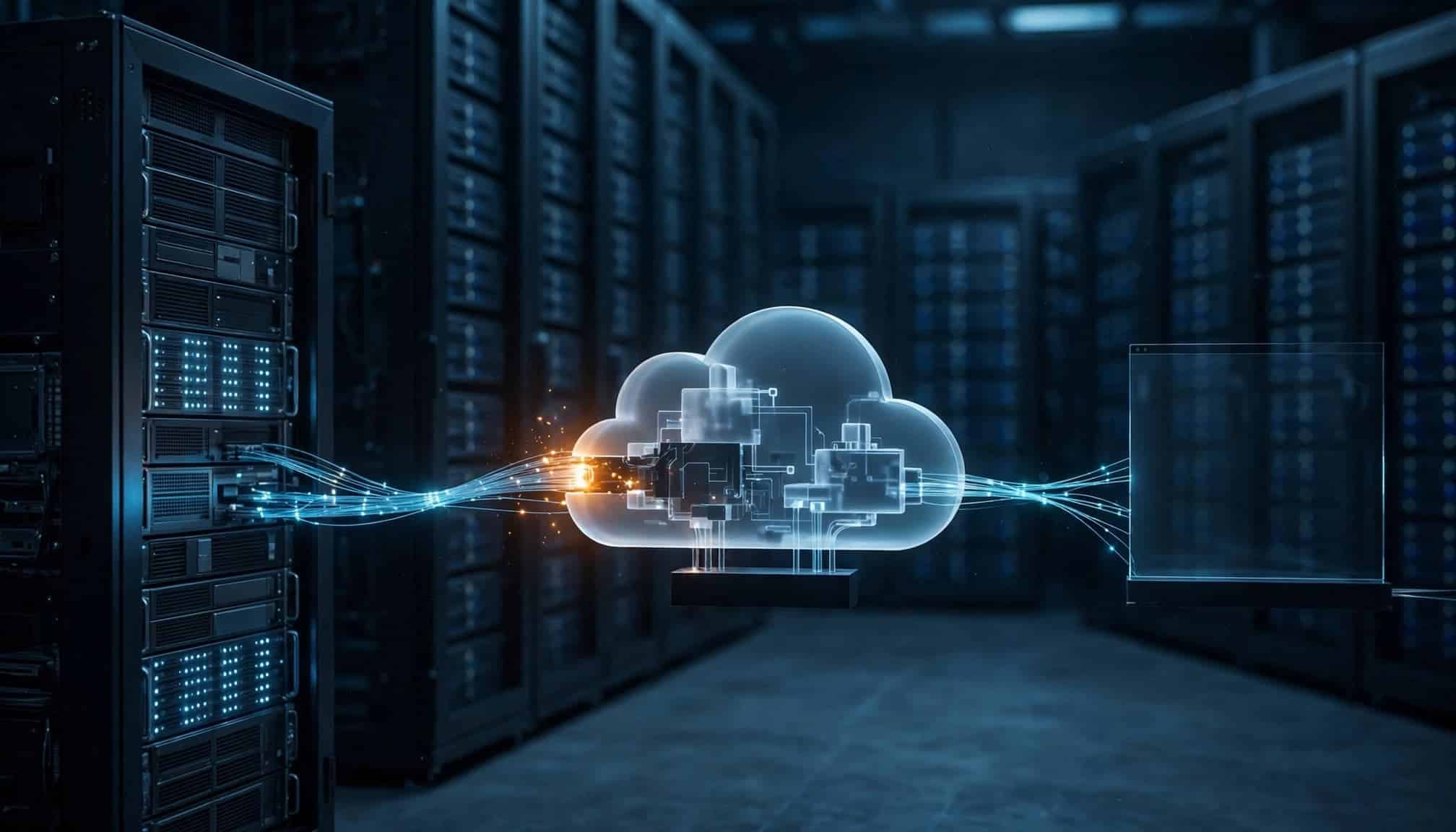 A conceptual network path with a server cabinet, a transparent cloud relay, and a glass panel connected by glowing lines.