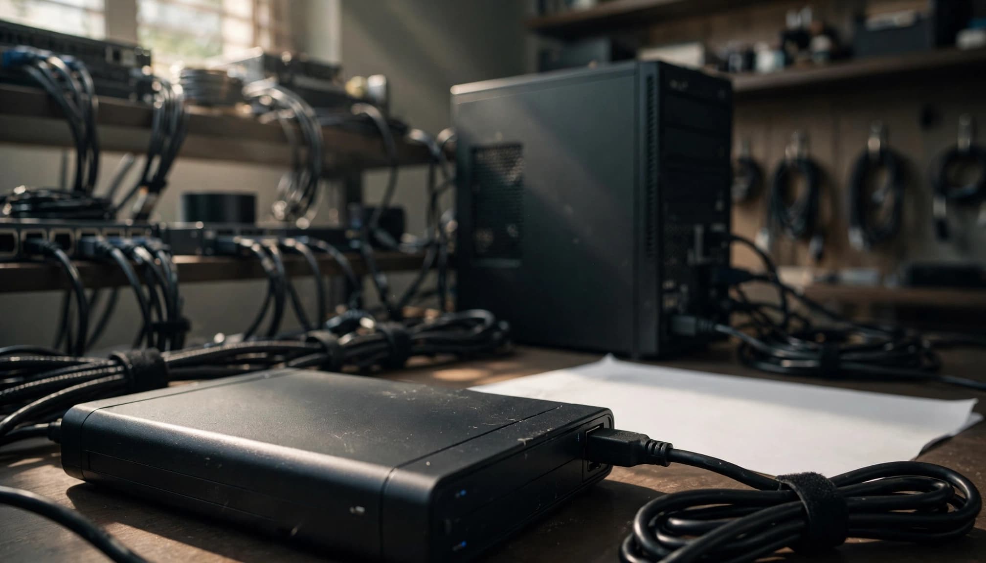 An external hard drive and computer tower on a wooden desk with cables.