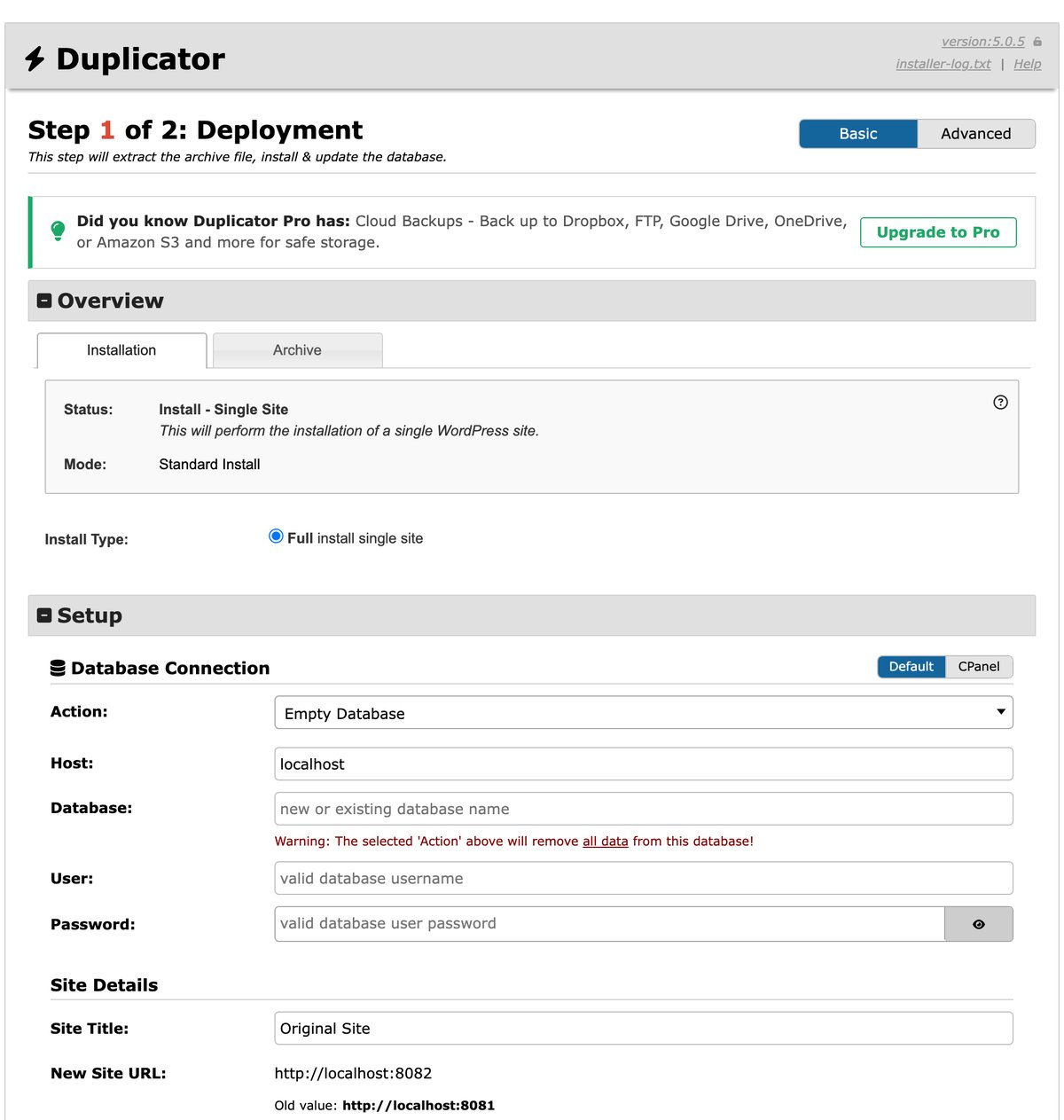 Duplicator installer Step 1 of 2: Deployment, with the database connection fields and the detected new site URL