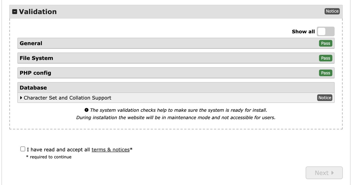 Duplicator installer validation results above the terms and notices checkbox and the Next button