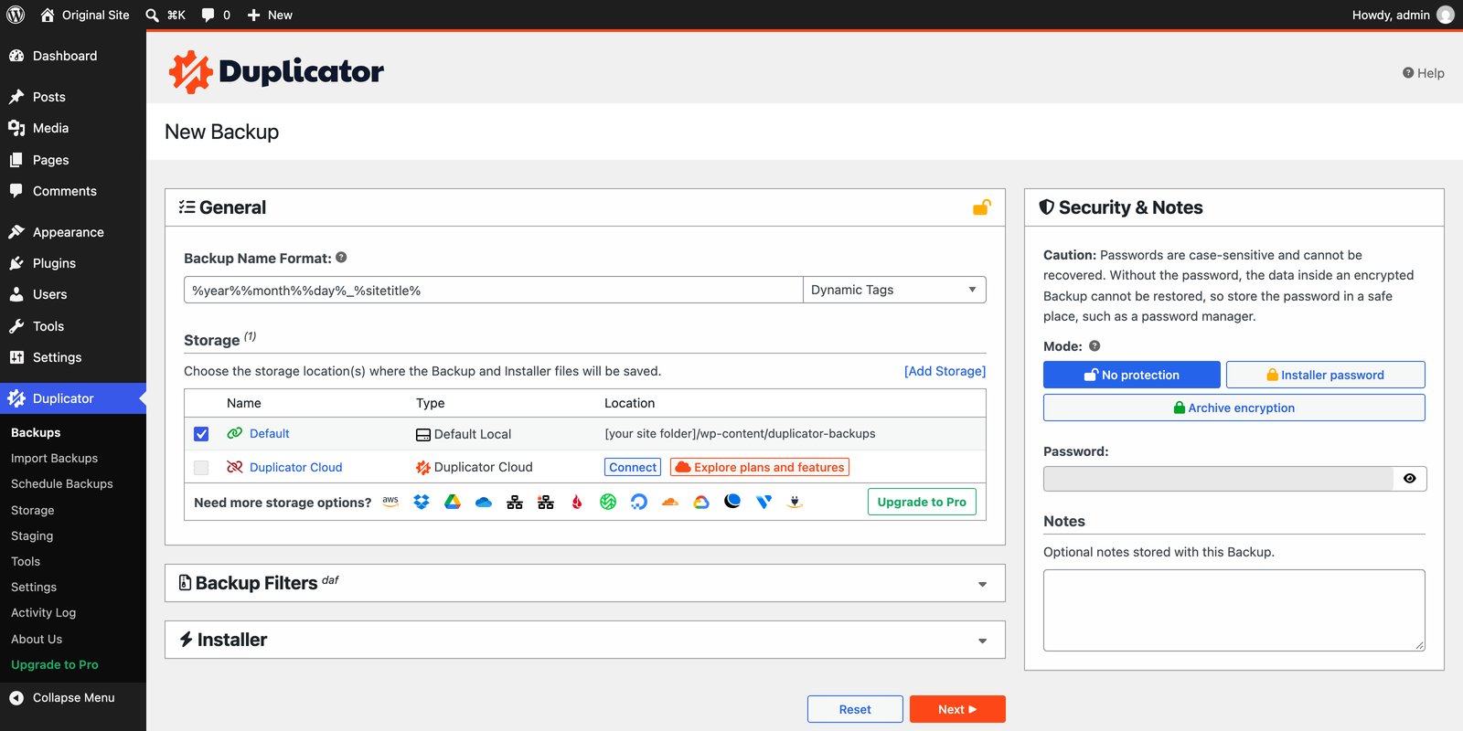 Duplicator's New Backup screen with the backup name format, Default local storage and No protection selected