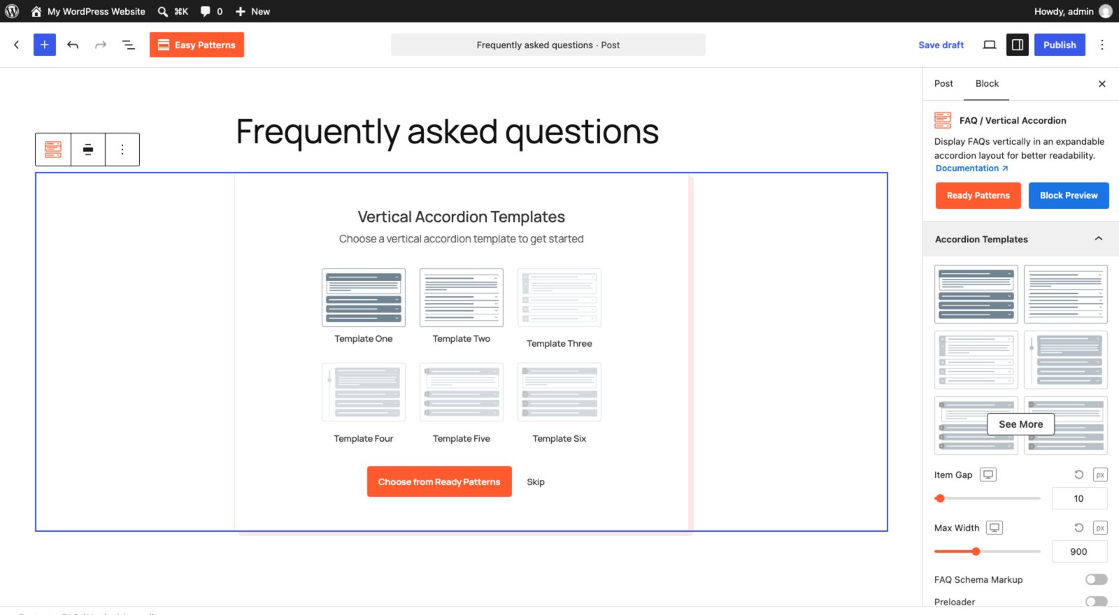 Easy Accordion FAQ / Vertical Accordion block showing its template picker and FAQ Schema Markup setting