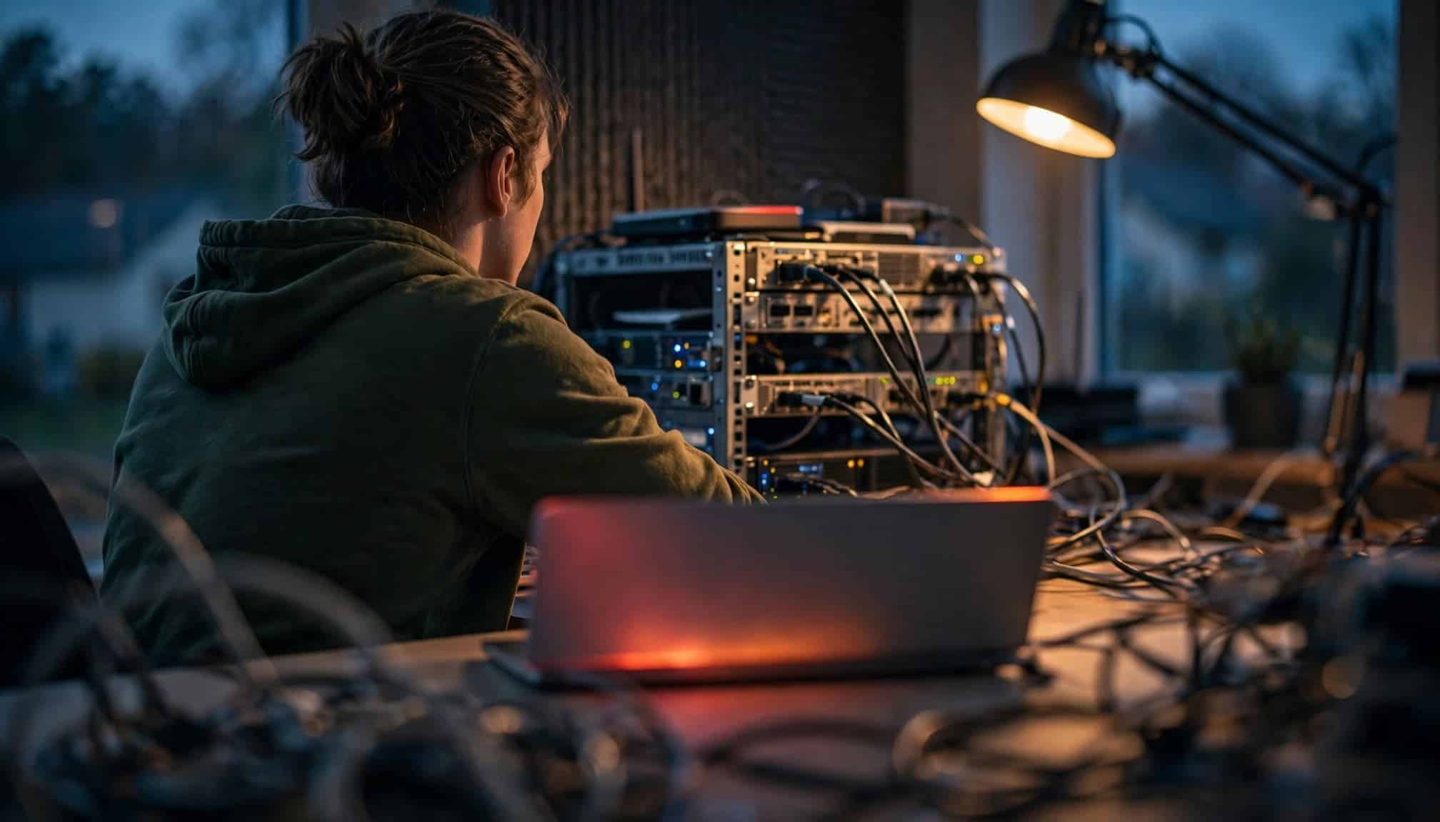 A person with long hair tied back sits at a desk working on a server rack and closed laptop.