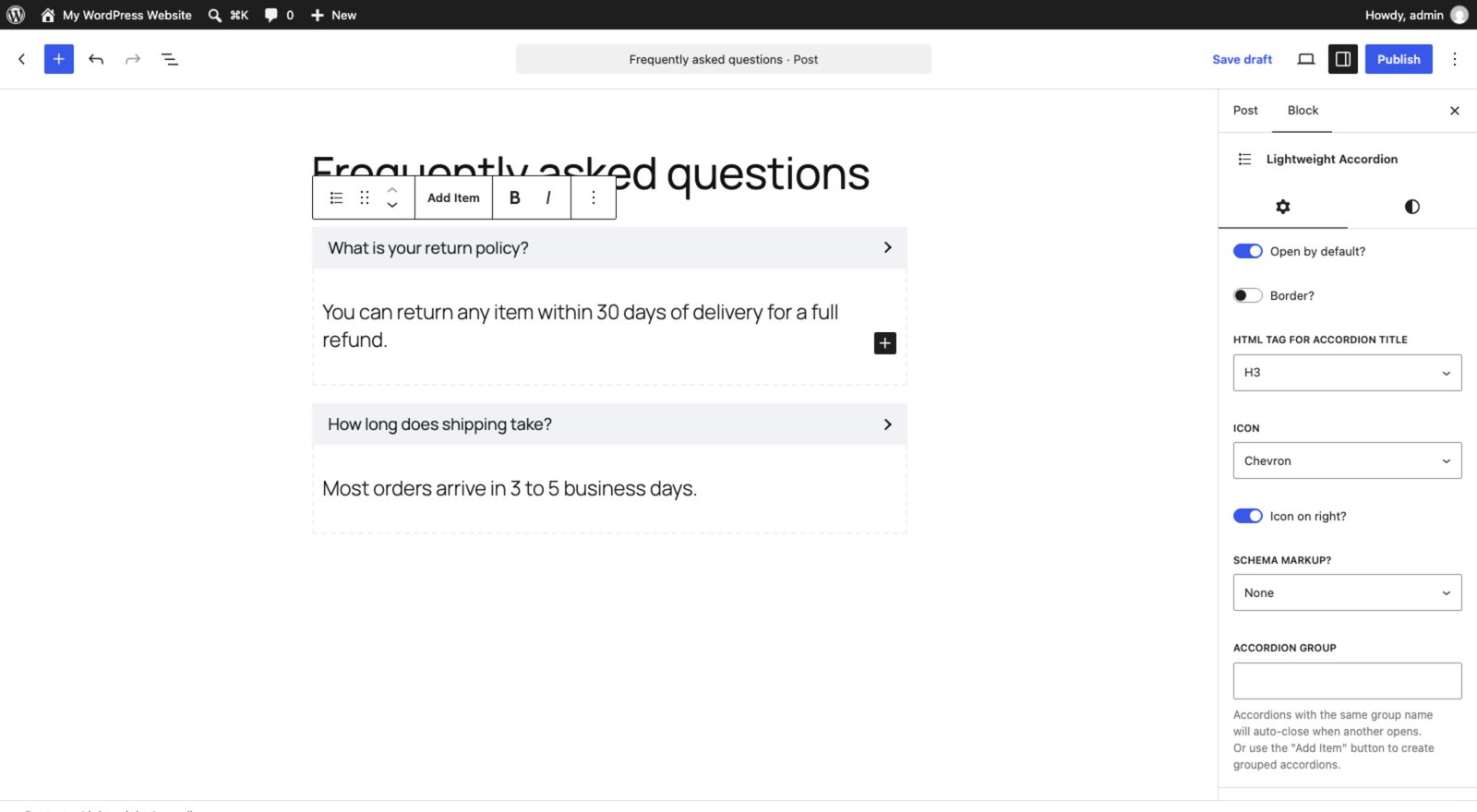 Lightweight Accordion block in the WordPress 7.1 editor with its settings sidebar: open by default, border, title tag, chevron icon, schema markup and accordion group