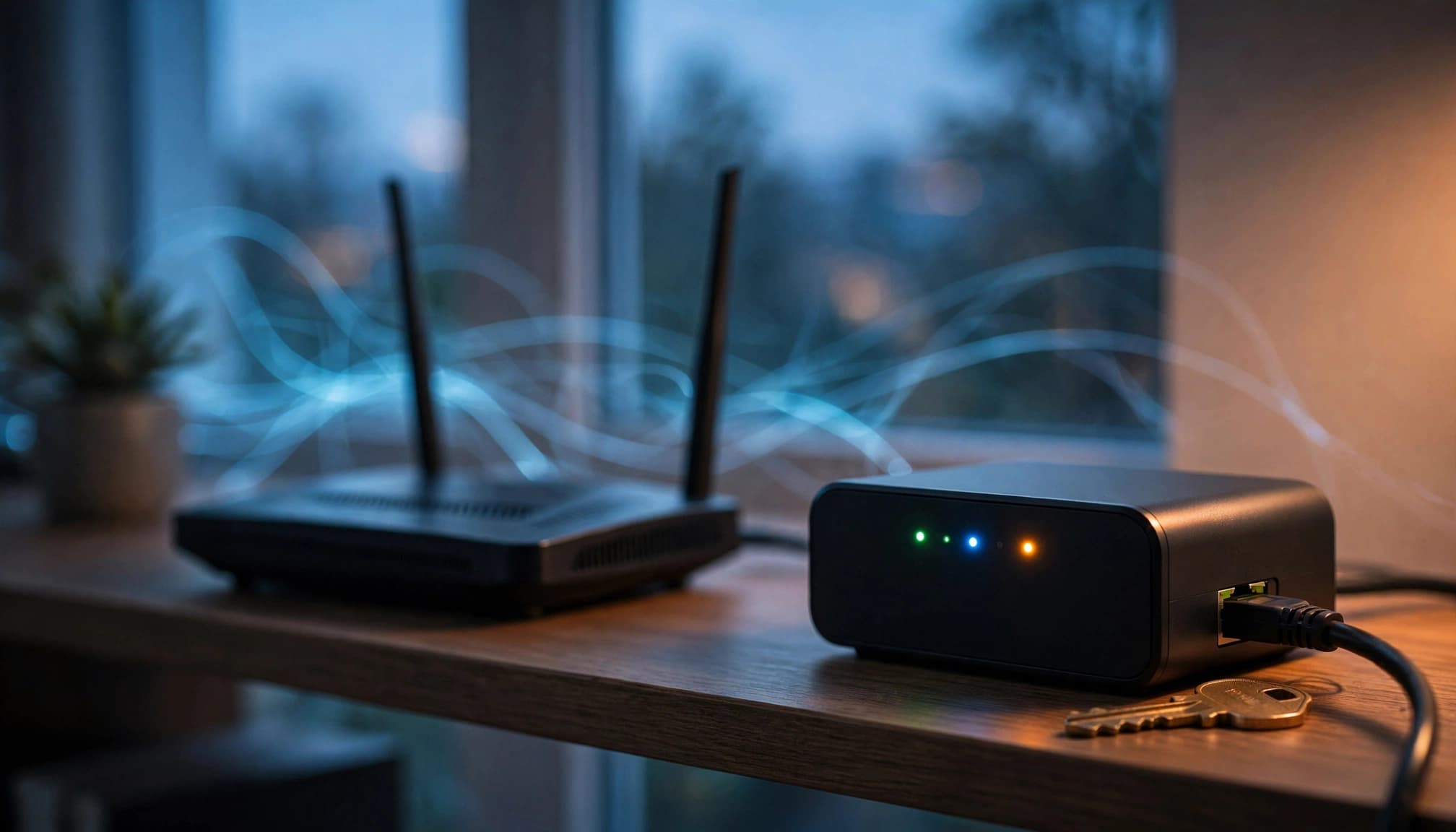 A network gateway and metal key on a wooden shelf with a router and window in the background.