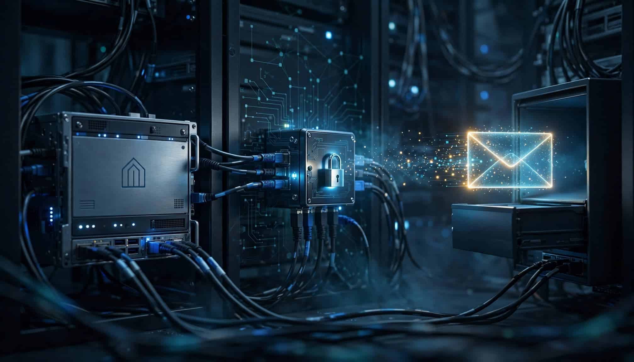 A server room with a glowing envelope transferring from a secured relay node into an inbox unit.