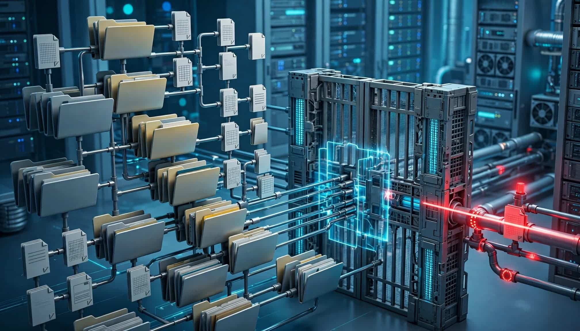 A 3D illustration of a server directory tree connected to a firewall barrier with a glowing red path.