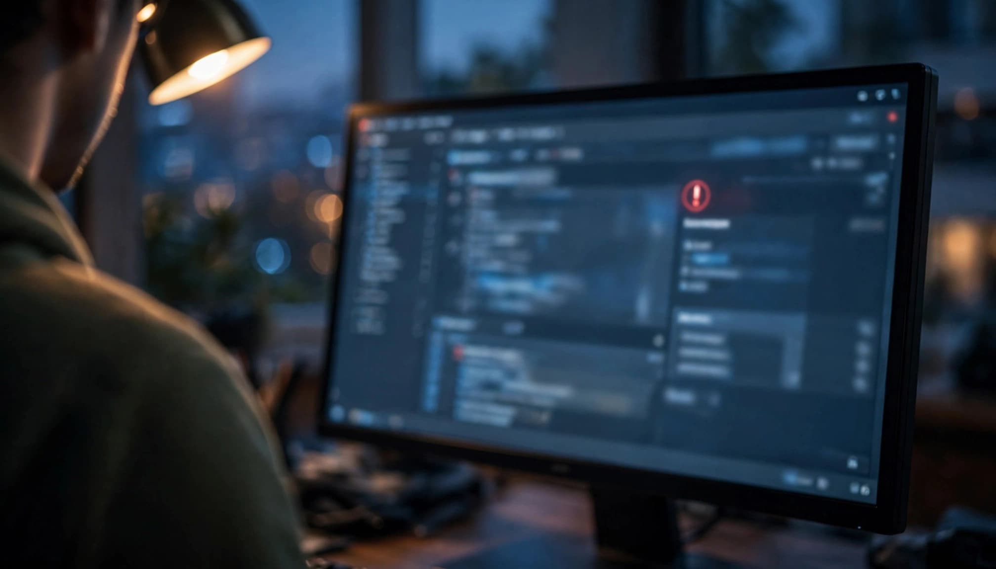 A person looks at a computer monitor displaying a blurry interface with a red warning symbol.